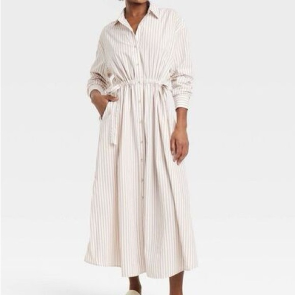 Universal Thread Beige and White Striped Maxi Shirtdress